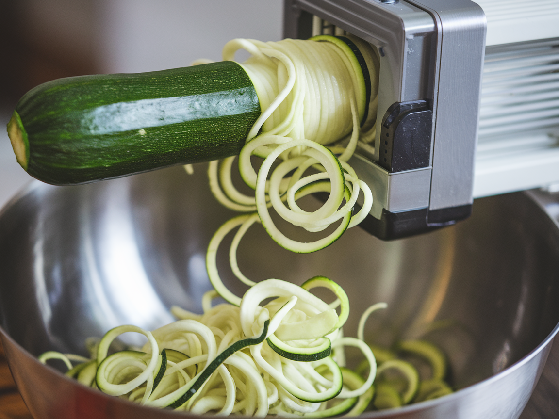 Frische Zucchini wird für das Zucchini Pasta Rezept in lange, dünne Zoodles spiralisert.