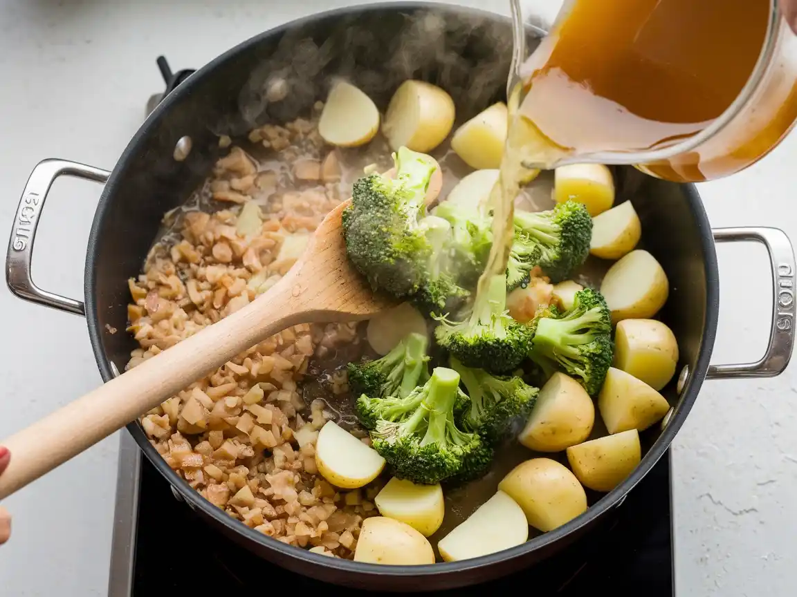 Brokkoli wird zur Kartoffel Brokkoli Suppe hinzugefügt.