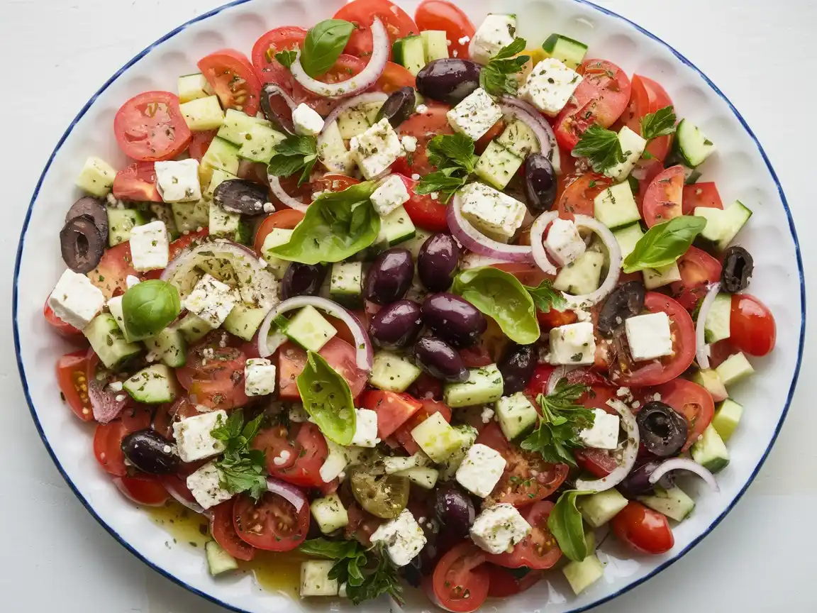 Griechischer Salat Feta serviert auf einer eleganten Servierplatte.