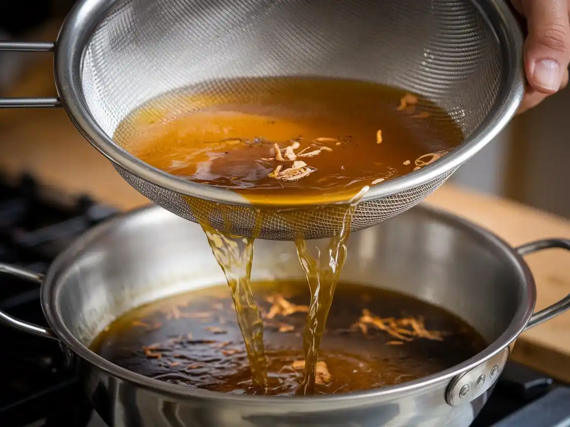 Brühe für die Ramen Suppe abseihen