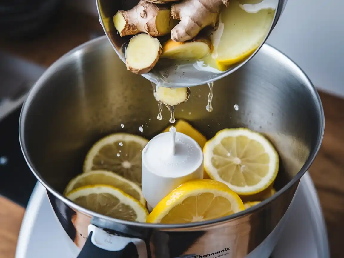 Geschälte Zitronen, frischer Ingwer und Wasser im Thermomix für den Ingwer Shot Thermomix.