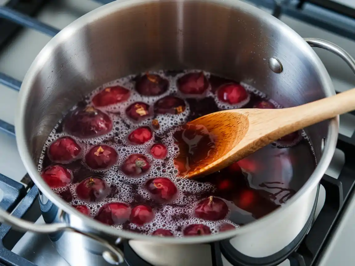 Die Zwetschgenmarmelade mit Zimt wird langsam erhitzt, bis sie zu kochen beginnt.