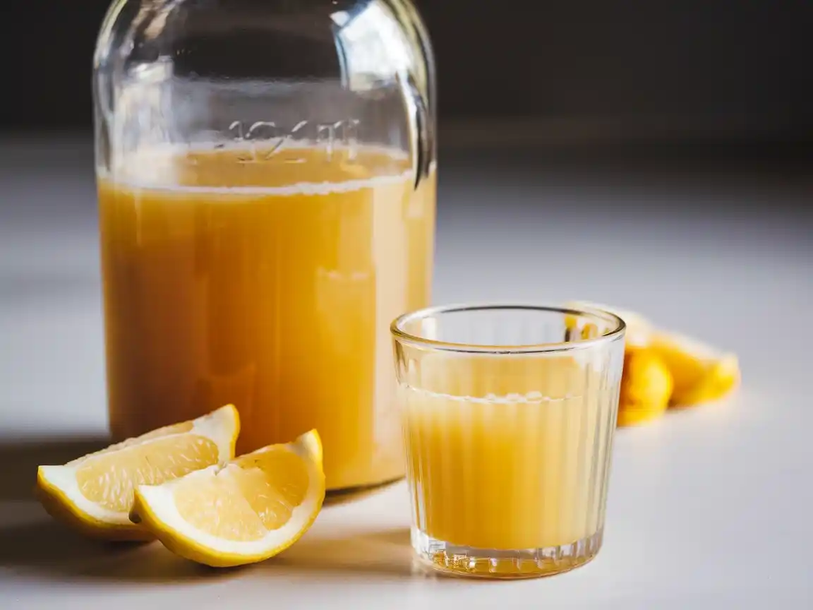 Abgefüllte Ingwer Shots im Thermomix in sauberen Glasflaschen, auf einem modernen Tisch arrangiert.