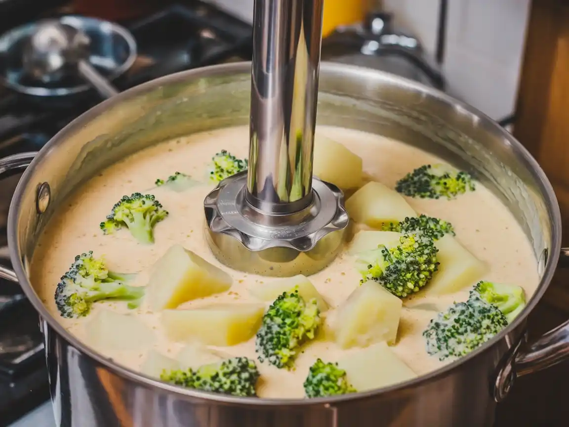 Die Kartoffel Brokkoli Suppe wird püriert, um eine cremige Konsistenz zu erreichen.