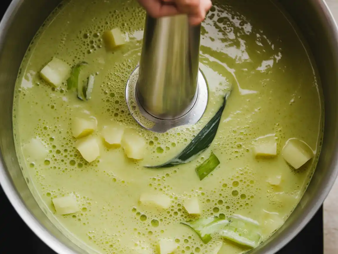 Die vegetarische Käse Lauch Suppe wird püriert.