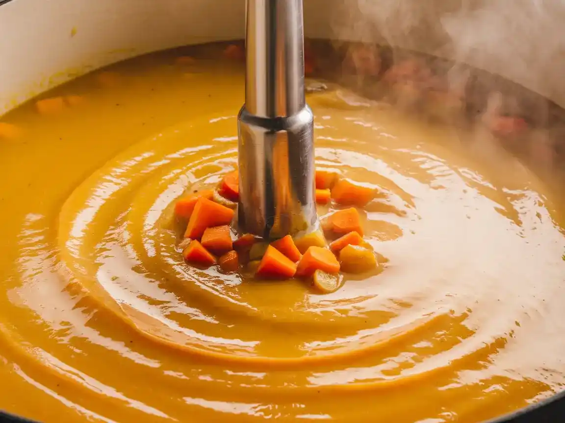 Die Butternut Kürbis Suppe wird mit einem Handmixer püriert, bis sie cremig ist.