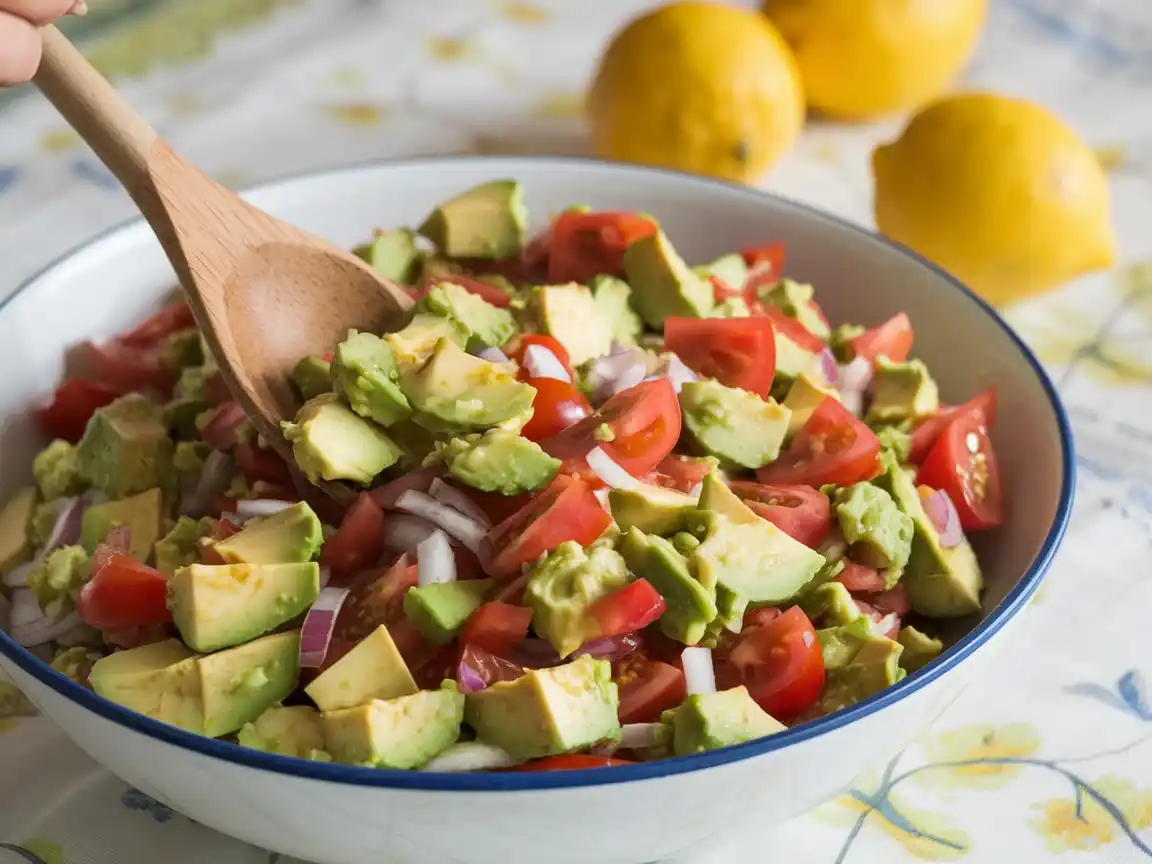 Eine Schüssel mit Guacamole, die gründlich vermischt wird, für das Guacamole einfaches Rezept