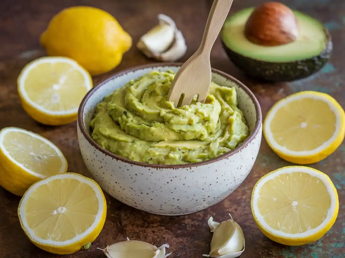 Eine Schüssel mit zerdrückten Avocados und einer Gabel, für das Guacamole einfaches Rezept