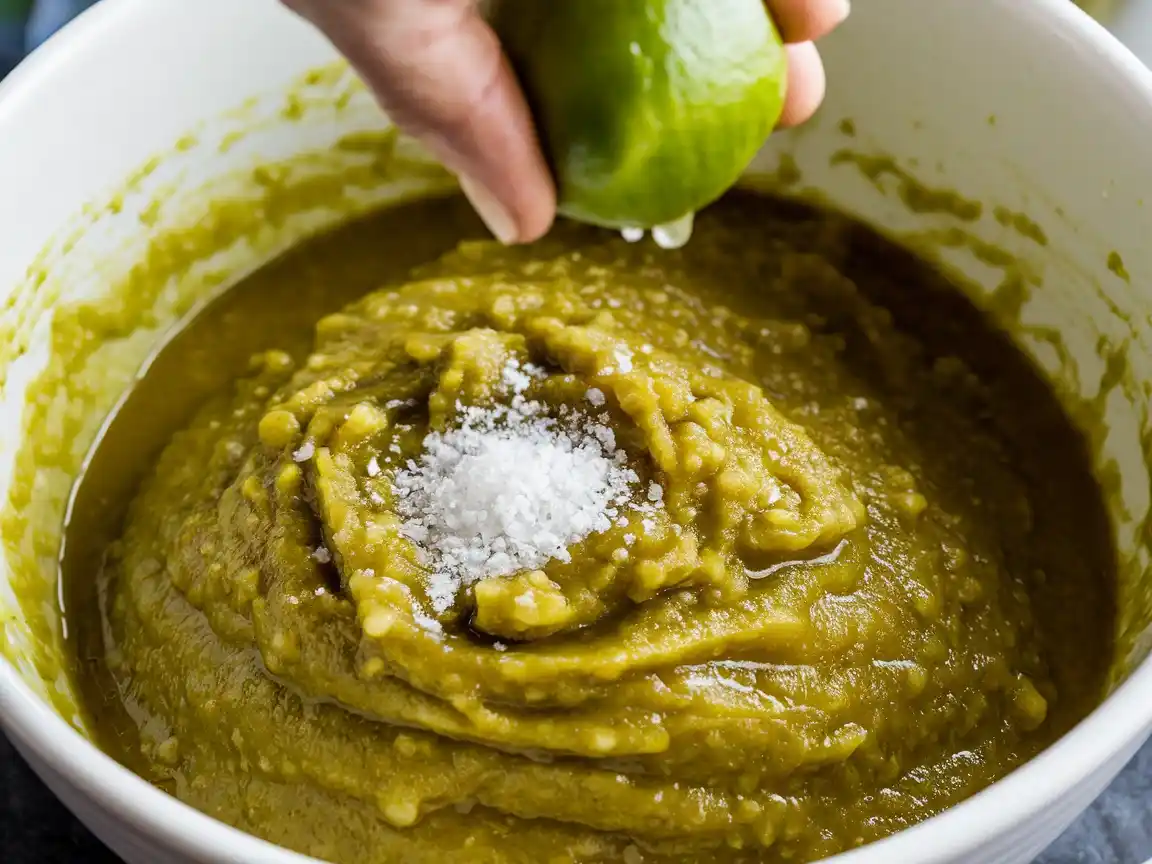 Pürierte Salsa Verde mit Limettensaft und Salz für das Mexican Salsa Verde Rezept