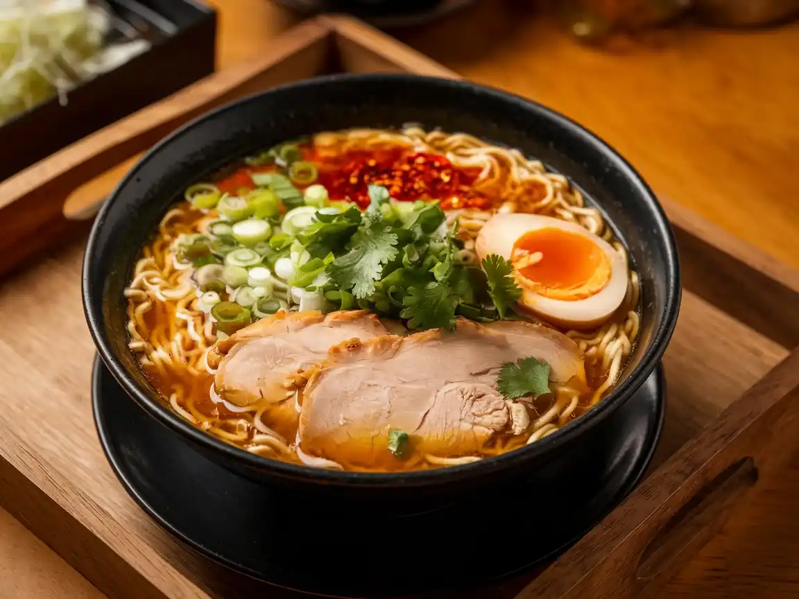 Fertig angerichtete Ramen Suppe serviert mit frischen Kräutern und Toppings.