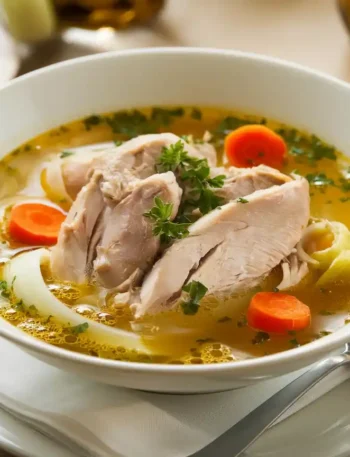Suppenhuhn serviert in einer Schale mit Gemüse, garniert mit Petersilie und einem Weinglas im Hintergrund.
