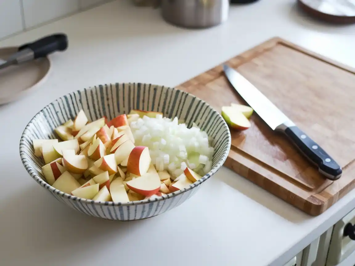 Gewürfelte Äpfel und gehackte Zwiebeln für den Rote Bete Apfel Salat