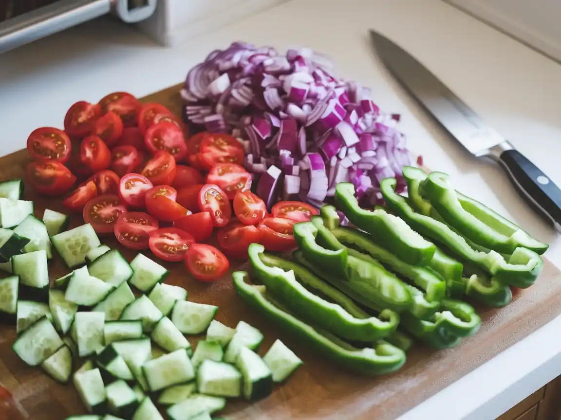 Frisches Gemüse für den Griechischer Salat Feta vorbereiten