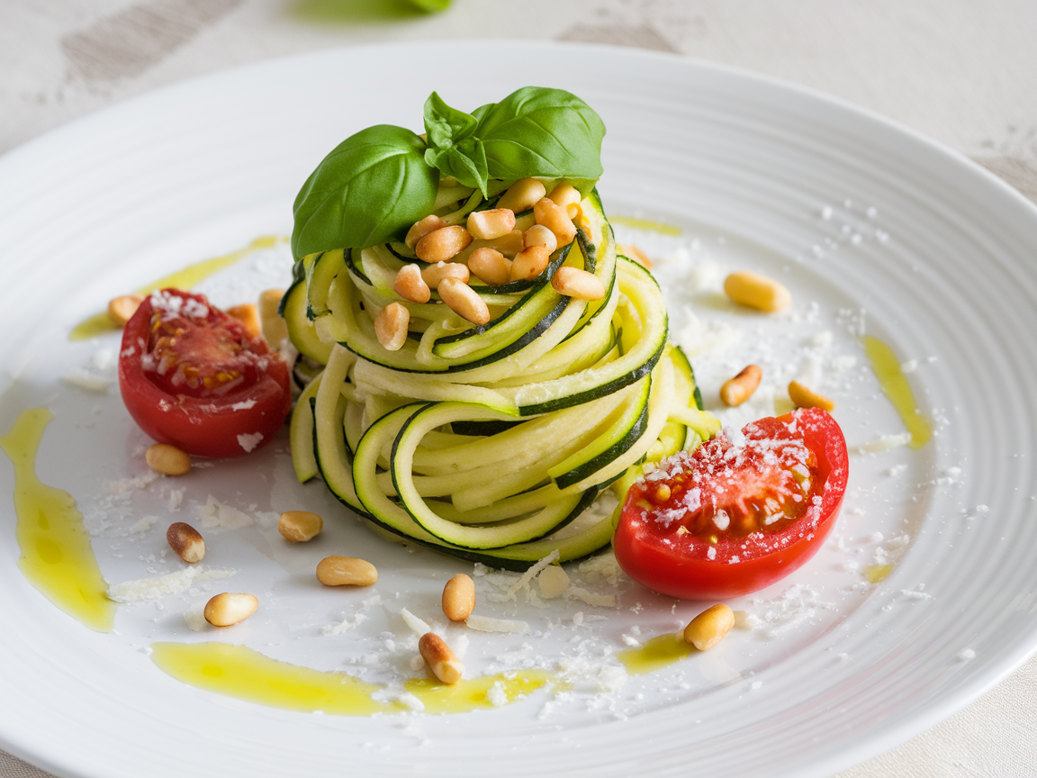 Das fertige Zucchini Pasta Rezept wird mit gerösteten Pinienkernen und Basilikum serviert.