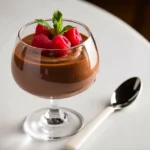 Mousse au Chocolat Thermomix mit Himbeeren und Minze, serviert in einem Glas auf einem weißen Tisch.