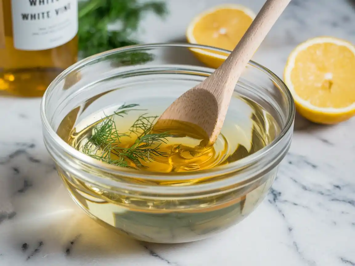 Essig-Dressing mit Dill für Dänischen Gurkensalat.