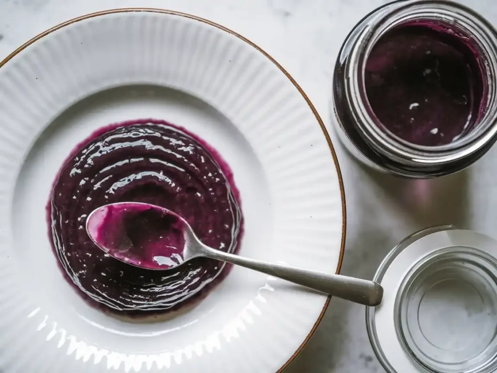 Zwetschgenmarmelade mit Lavendel auf einem Teller mit einer Marmeladenflasche und einem Löffel.