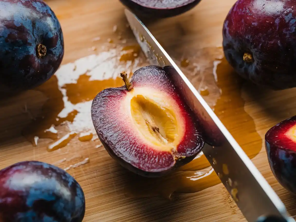 Show an overhead shot of a clean, modern white plate with a generous spoonful of Zwetschgenmarmelade placed neatly in the center. The marmalade should be thick, glossy, and deep purple, with small visible pieces of Zwetschgen adding texture. The smooth, shiny surface of the marmalade should reflect the light, emphasizing its luxurious appearance. Next to the plate, place a clear glass jar filled with the marmalade, with a wooden spoon resting against the jar, adding a rustic touch. The wooden spoon should have a small amount of marmalade clinging to it, showing the thick, sticky consistency of the spread. The jar, nearly full, should showcase the rich color of the marmalade, with the light enhancing its deep purple hue. The composition should feel refined yet homely, with the wooden spoon adding warmth to the scene, while the clean plate provides a minimalist contrast that highlights the marmalade’s vibrant color.