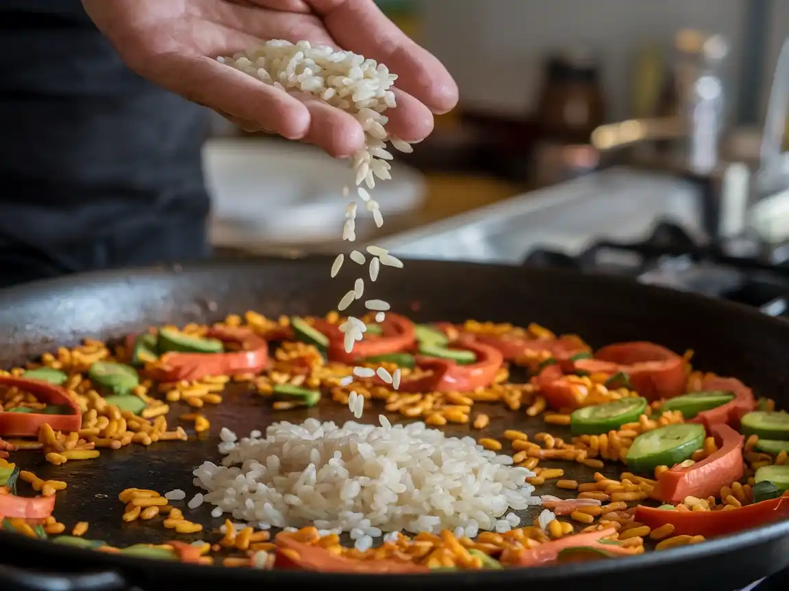 Paella-Reis wird in die Paella Pfanne zu den gebratenen Paprika und Zwiebeln gegeben.