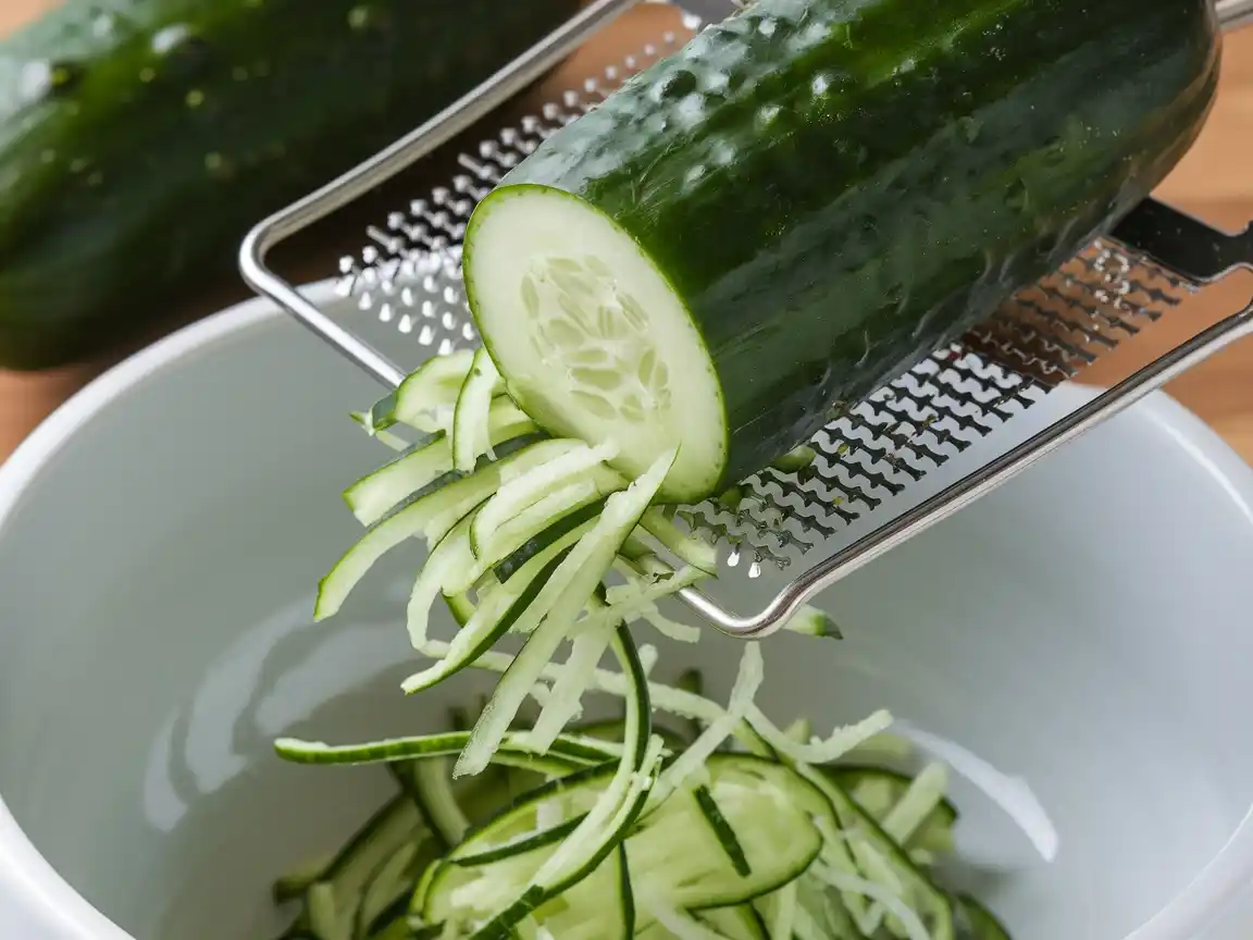 Frisch geriebene Gurke für das Zaziki Rezept Original (Tzatziki)