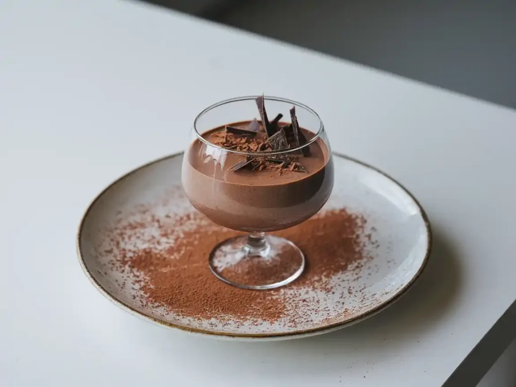 Mousse au Chocolat Thermomix mit dunklen Schokoladenraspeln und Kakao, serviert auf einem modernen weißen Tisch