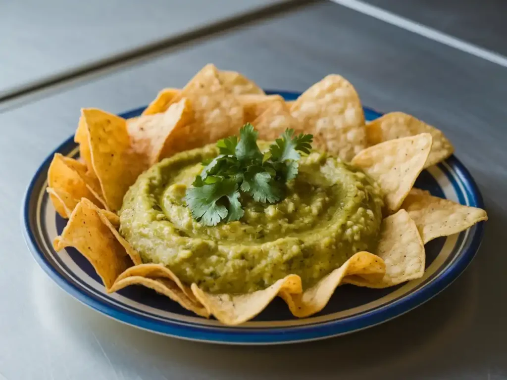 Stilvoll präsentierte Mexican Salsa Verde in einer Schüssel mit Tortilla-Chips auf einem modernen Tisch - Bild 2