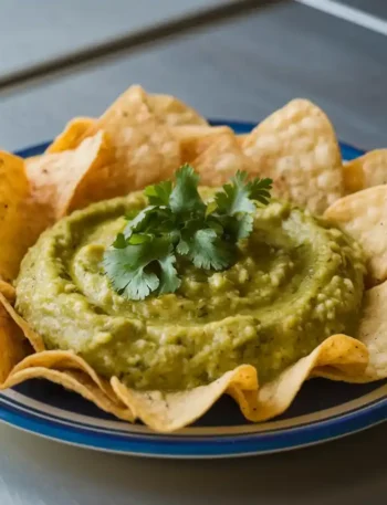 Stilvoll präsentierte Mexican Salsa Verde in einer Schüssel mit Tortilla-Chips auf einem modernen Tisch - Bild 2