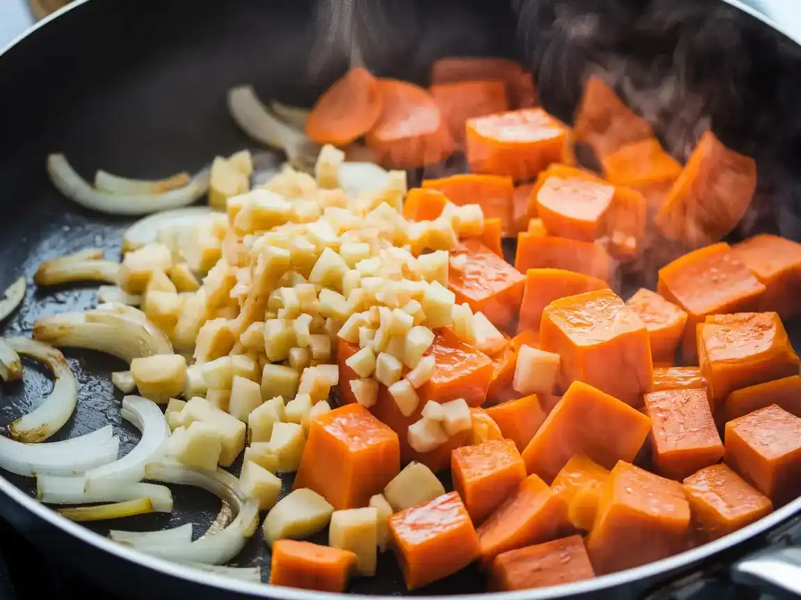 Knoblauch und Butternut-Kürbis zur Butternut Kürbis Suppe hinzufügen