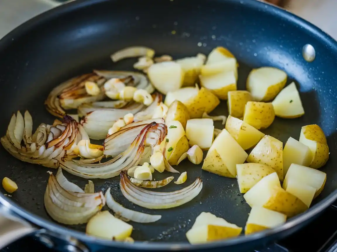 Knoblauch und Kartoffeln zur vegetarischen Käse Lauch Suppe hinzufügen