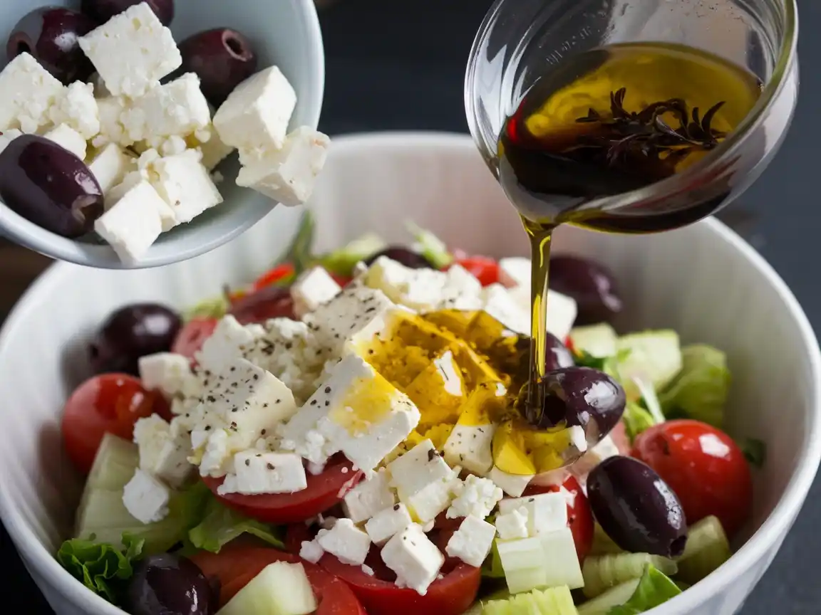 Dressing wird dem Griechischer Salat Feta hinzugefügt.