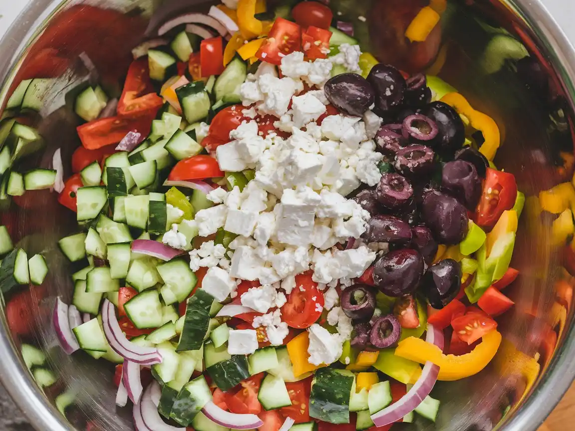 Feta-Käse und Oliven werden dem Griechischer Salat Feta hinzugefügt.