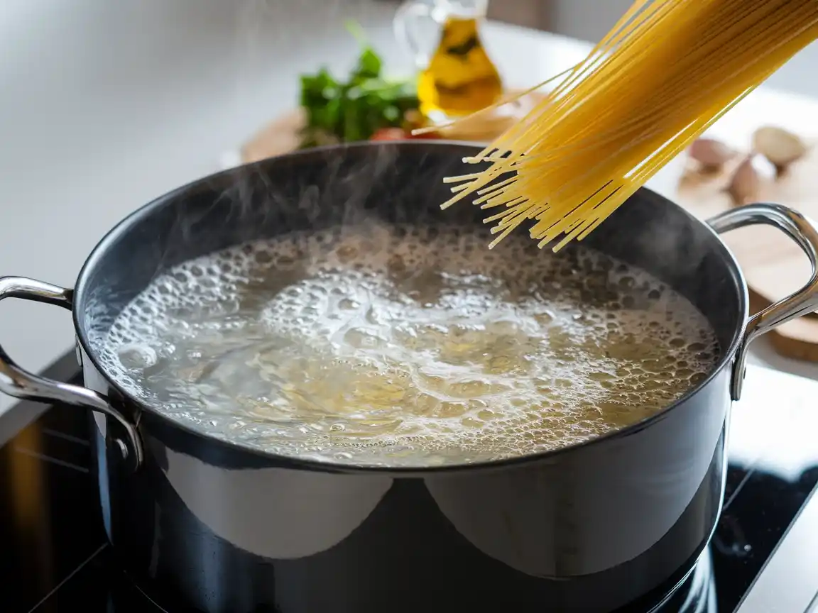 Spaghetti in sprudelndem Wasser für das Aglio e Olio Pasta Rezept kochen.