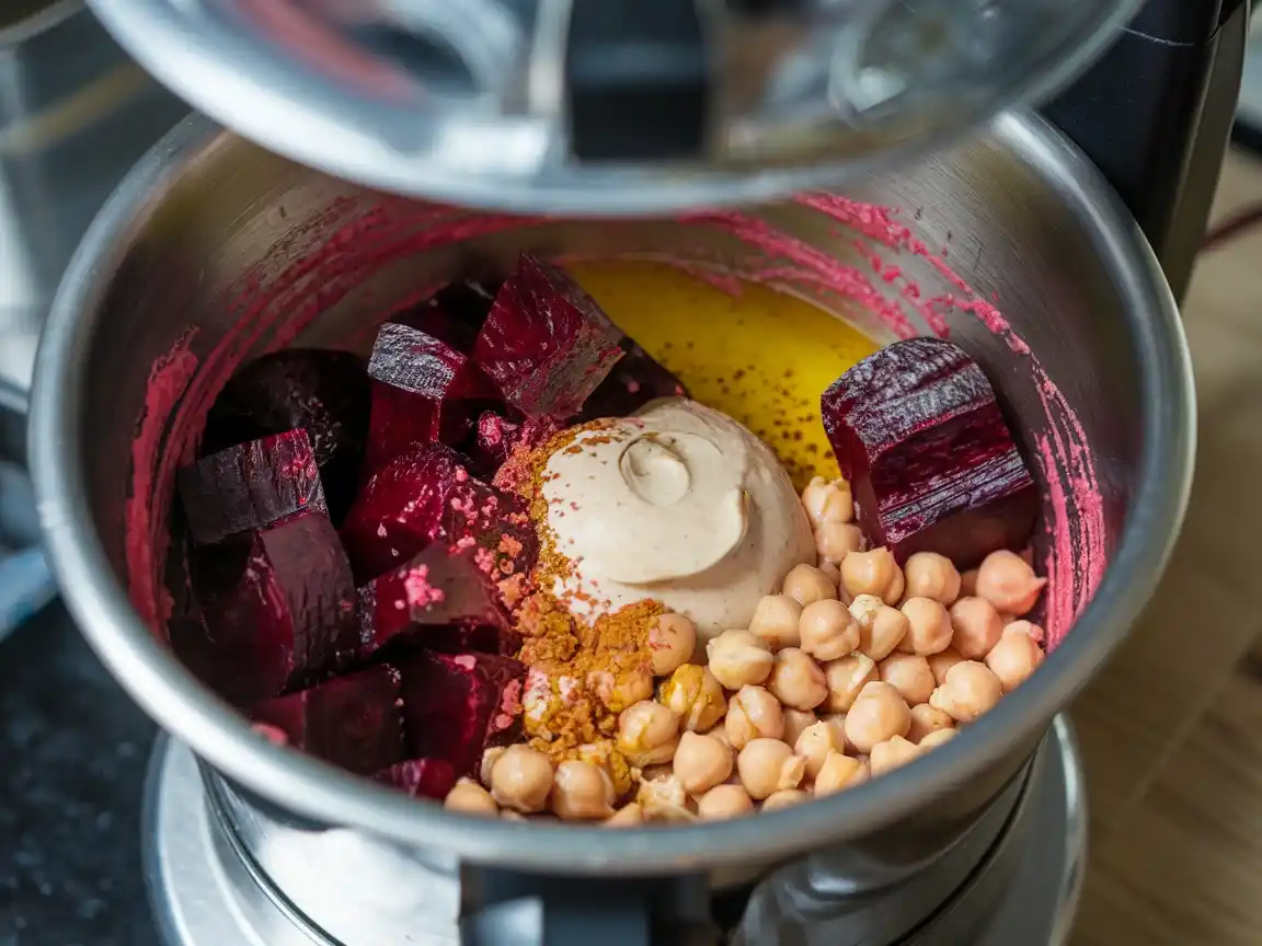 Pürierte Rote Beten und Kichererbsen in einer Küchenmaschine für das Rote Bete Hummus