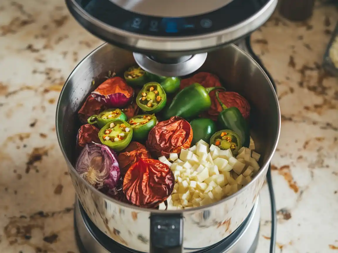 Alt Text: Geröstete Tomatillos und Zutaten in der Küchenmaschine für die Mexican Salsa Verde