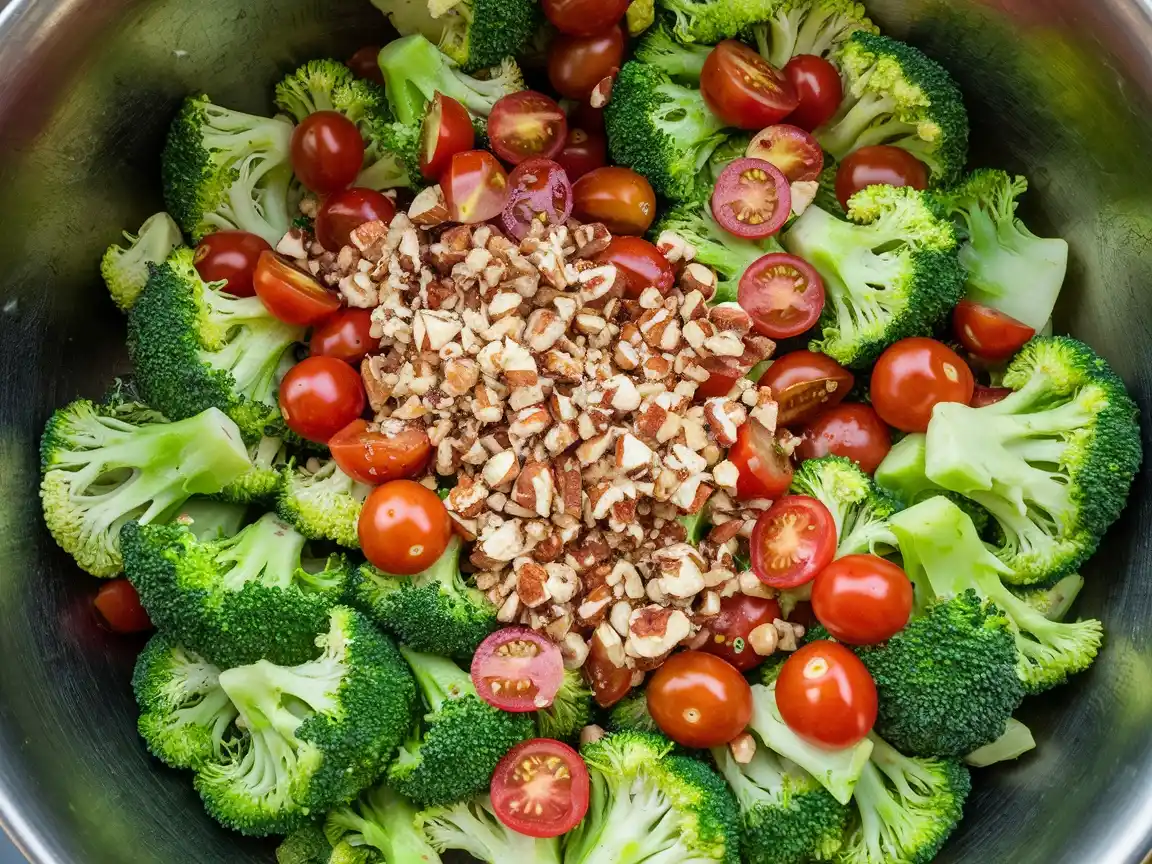 Kirschtomaten und Nüsse werden dem Brokkoli Salat roh hinzugefügt