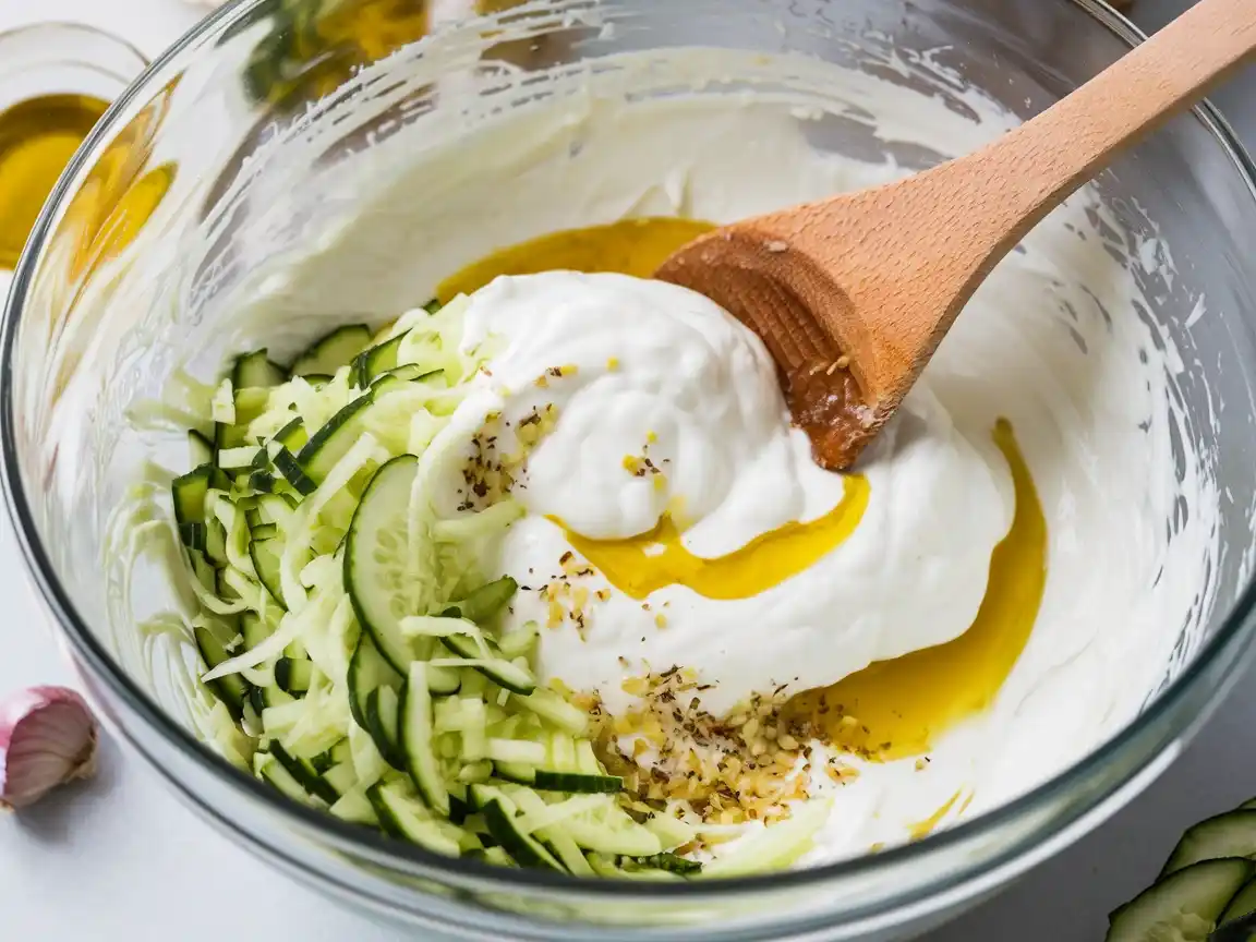 Zaziki wird in einer Schüssel nach dem Zaziki Rezept Original (Tzatziki) gemischt.