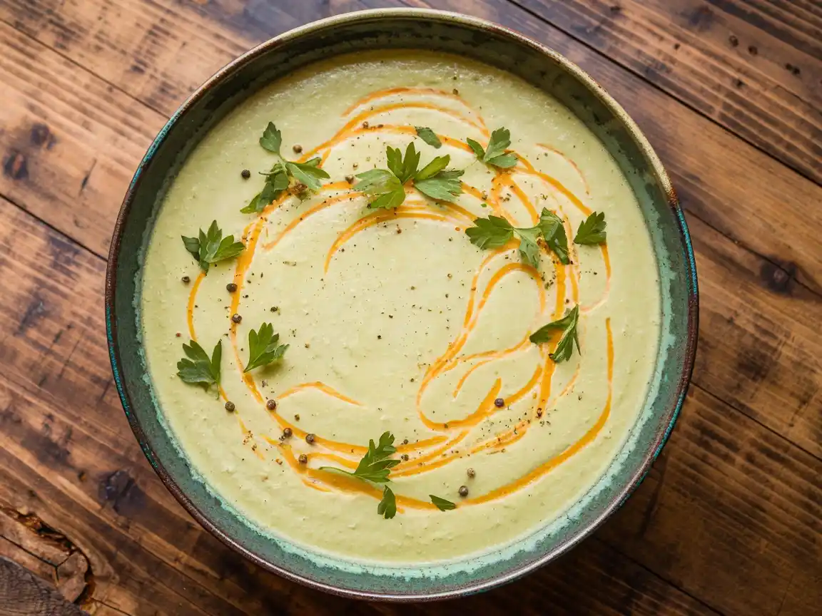 Fertig angerichtete vegetarische Käse Lauch Suppe serviert in einer bunten Schüssel.