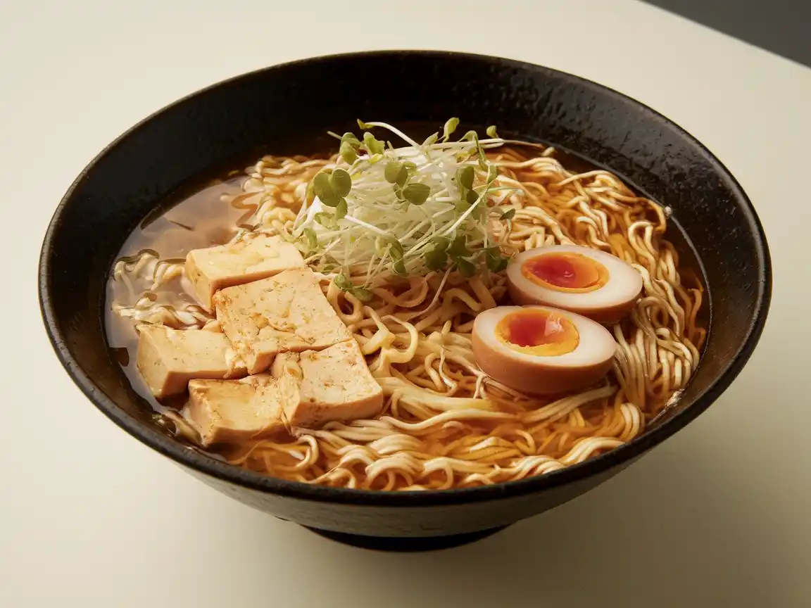 Ramen Suppe anrichten mit Brühe und Toppings.