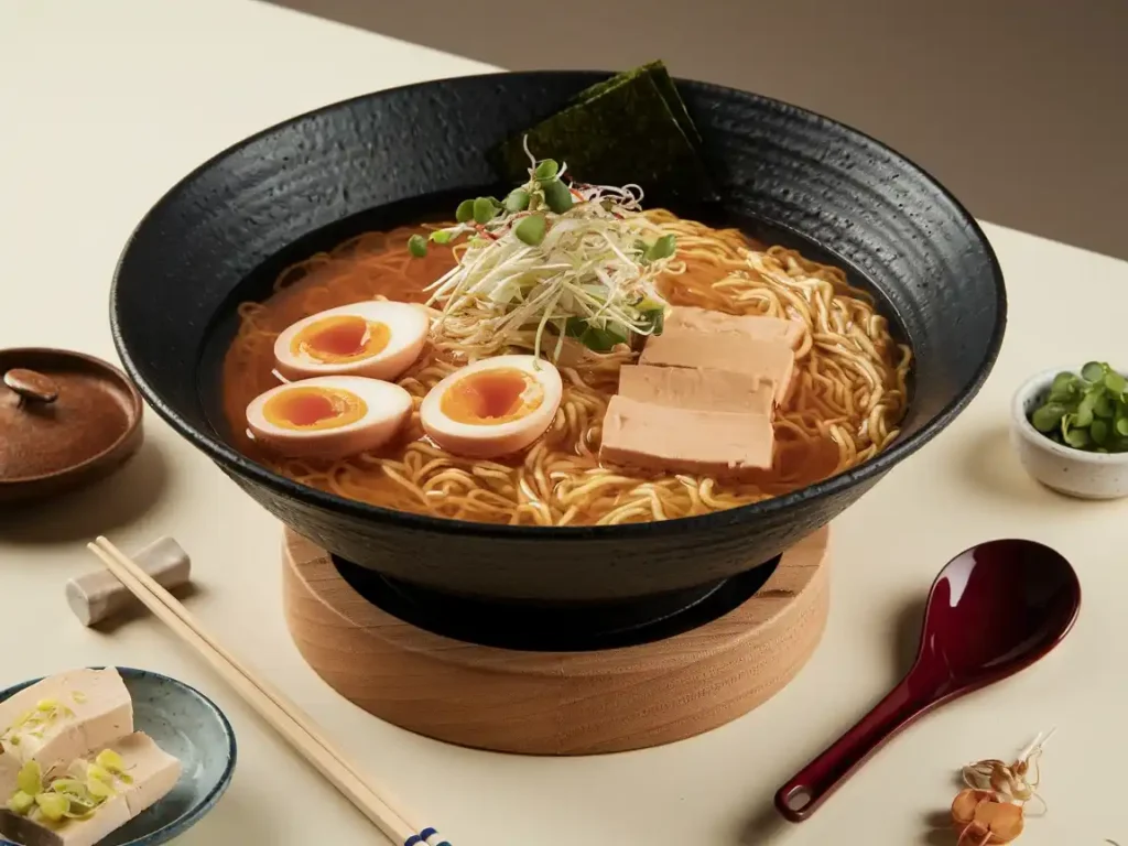 Ramen Suppe serviert auf einem modernen Tisch mit frischen Zutaten im Hintergrund.