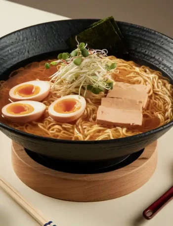 Ramen Suppe serviert auf einem modernen Tisch mit frischen Zutaten im Hintergrund.