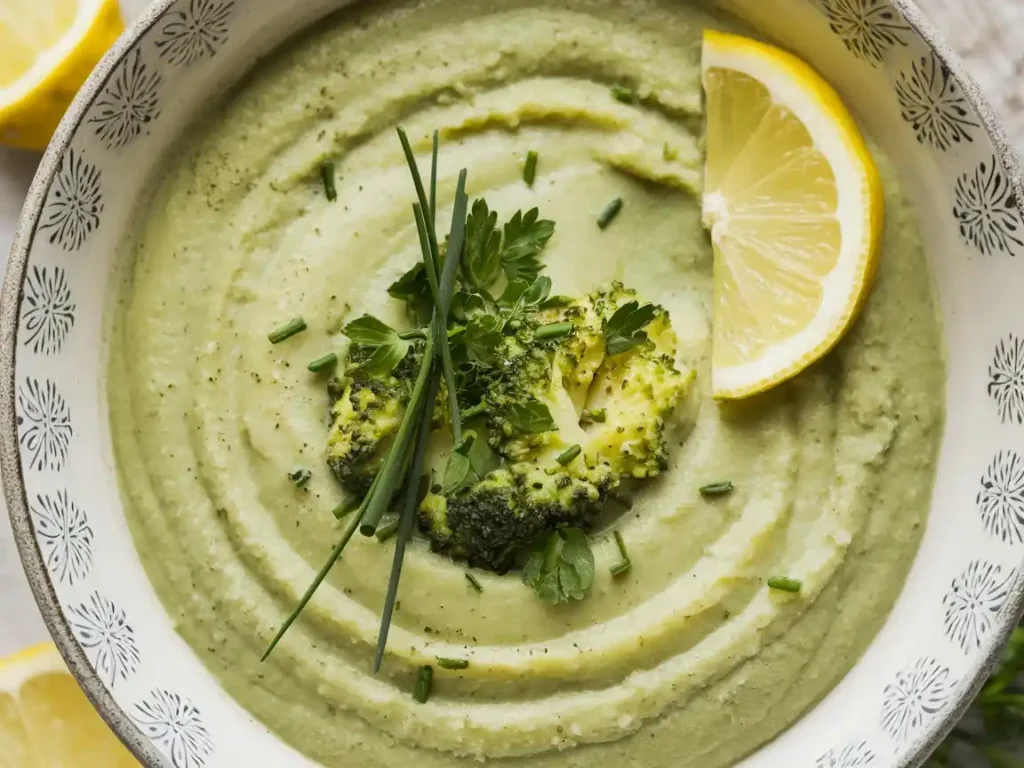 Kartoffel Brokkoli Suppe serviert auf einem modernen Tisch mit frischen Zutaten im Hintergrund.