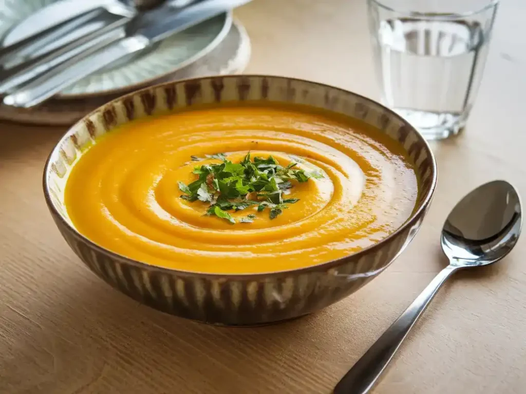 Butternut Kürbis Suppe serviert auf einem modernen Tisch mit Petersilie garniert