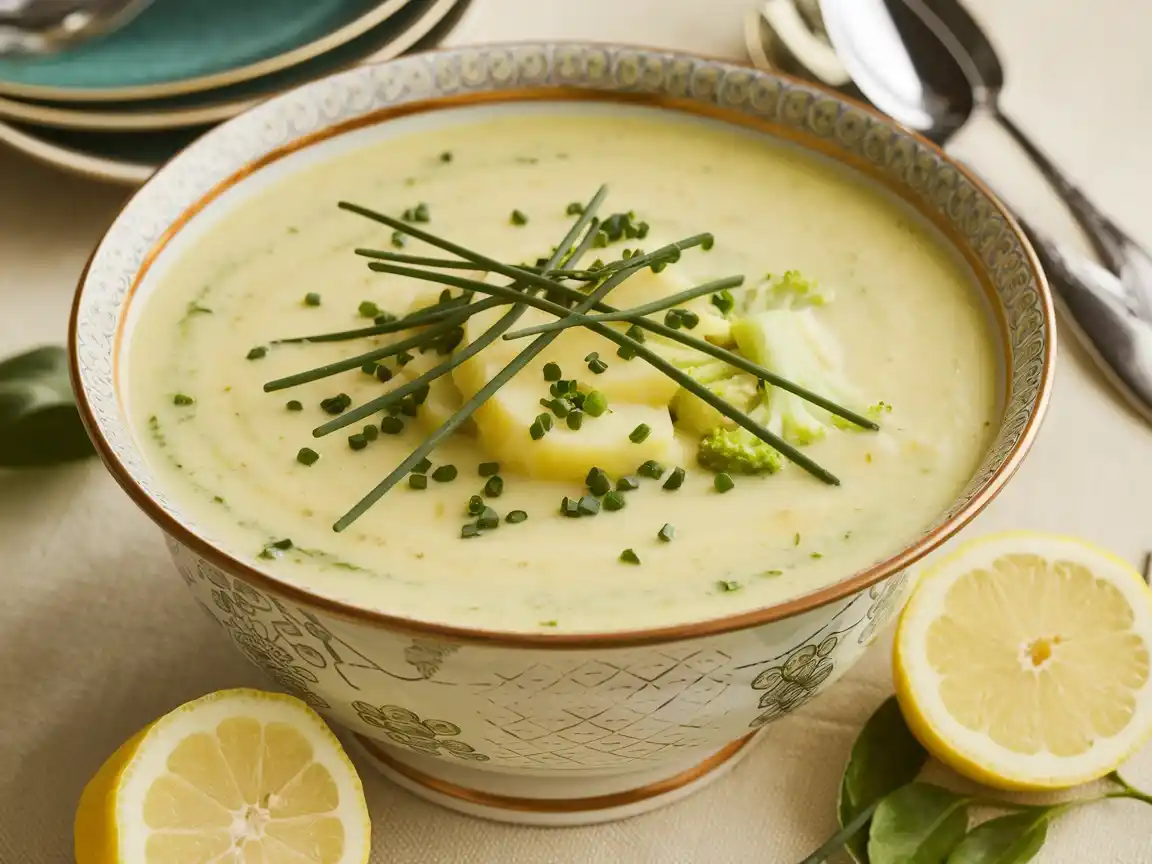 Kartoffel Brokkoli Suppe serviert in einer eleganten Schüssel, garniert mit frischen Kräutern.