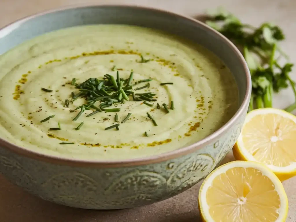 Stilvoll präsentierte Kartoffel Brokkoli Suppe auf einem modernen Tisch mit frischen Zutaten