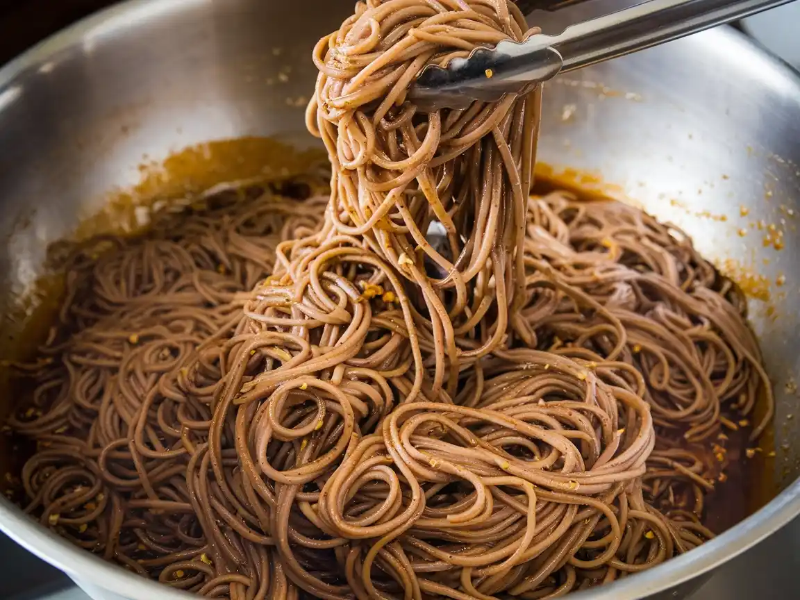 Soba-Nudeln werden mit der Sauce für das Soba Pasta Rezept vermischt.