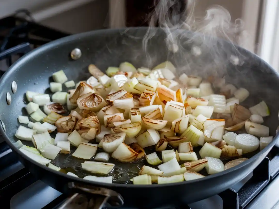 Zwiebeln und Knoblauch für die Kartoffel Brokkoli Suppe anbraten.