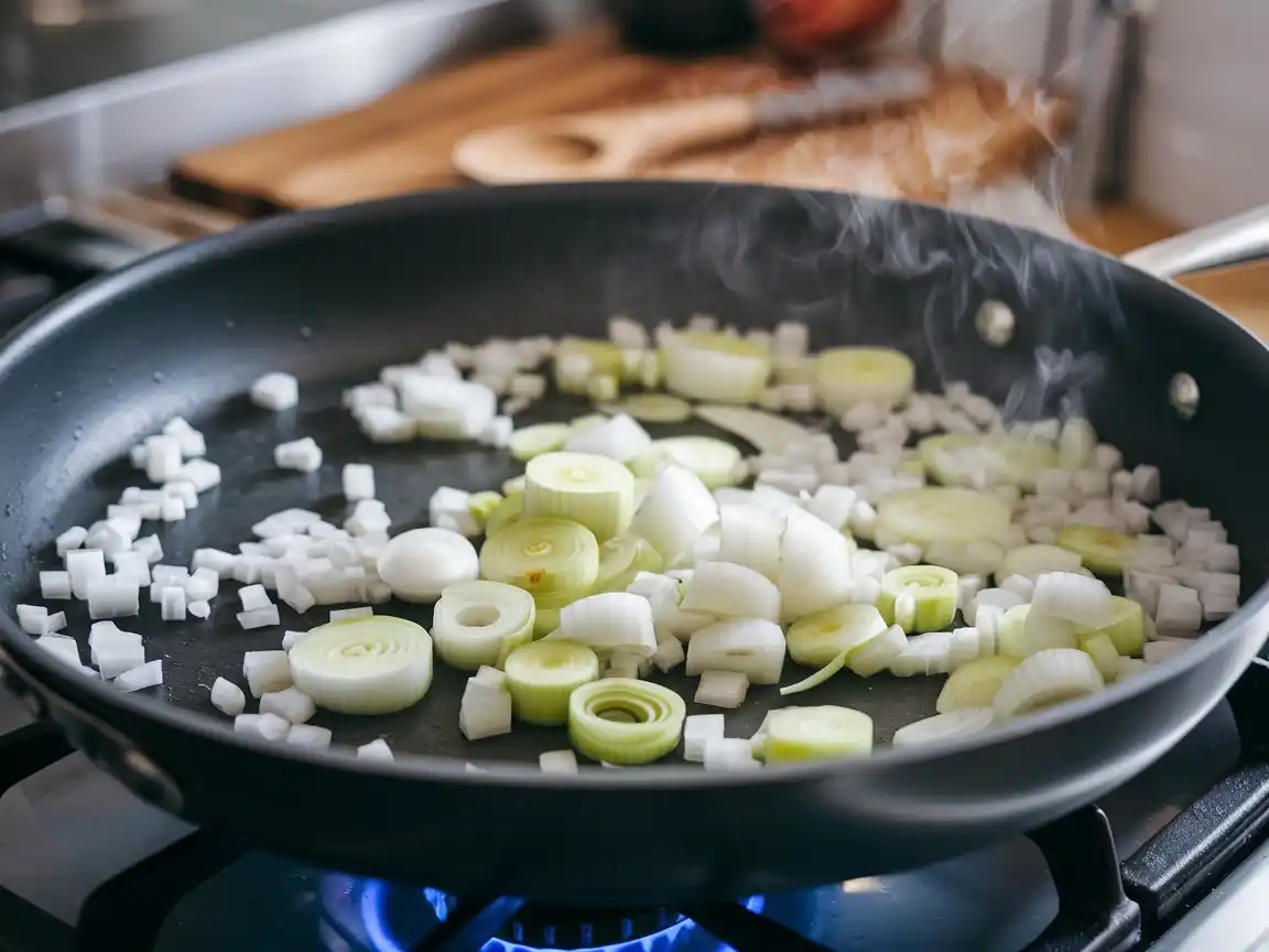 Zwiebeln und Lauch für die vegetarische Käse Lauch Suppe anbraten