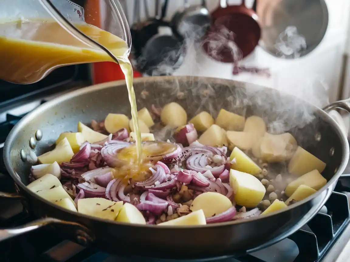 Gemüsebrühe wird zur Kartoffel Brokkoli Suppe hinzugefügt.