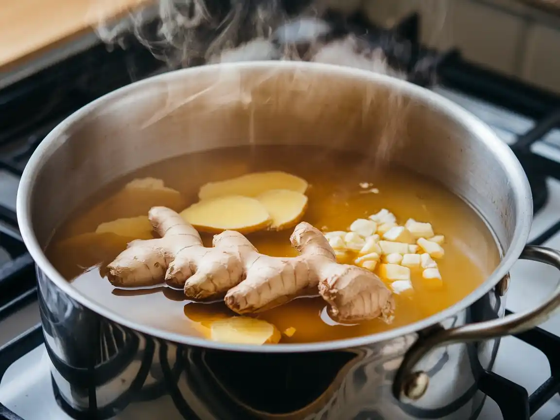 Brühe für die Ramen Suppe zubereiten mit Ingwer und Knoblauch