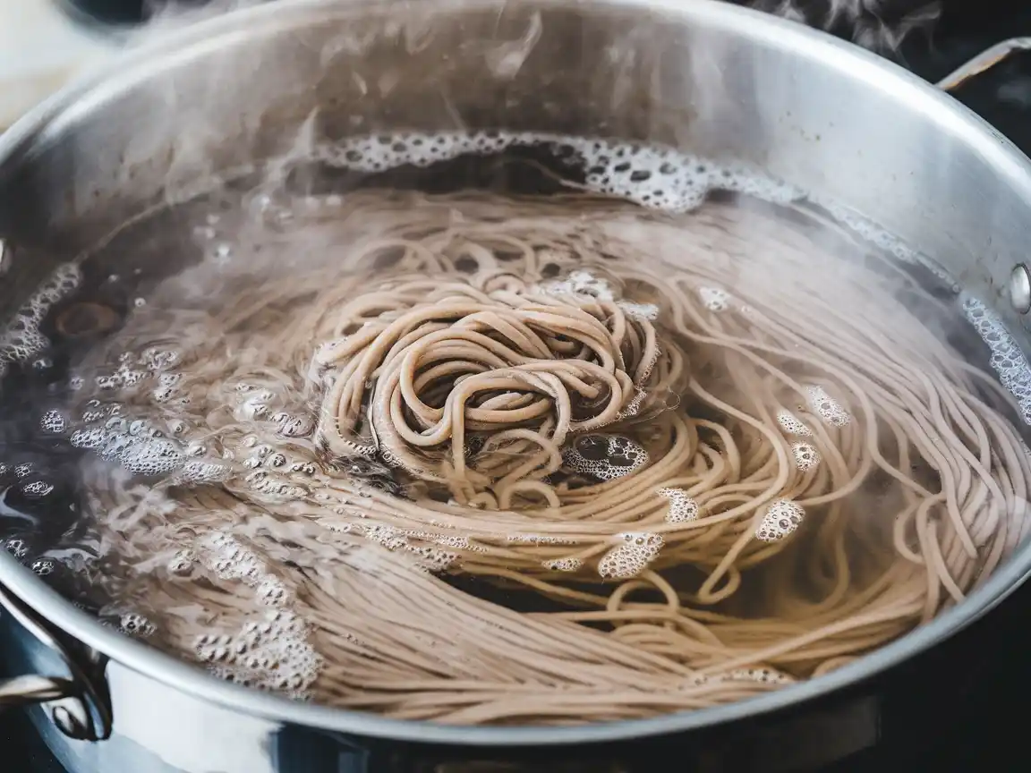 Soba-Nudeln kochen im sprudelnden Wasser für das Soba Pasta Rezept.